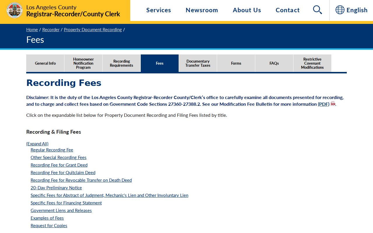 Arcadia previous residents recorder copy and search fees